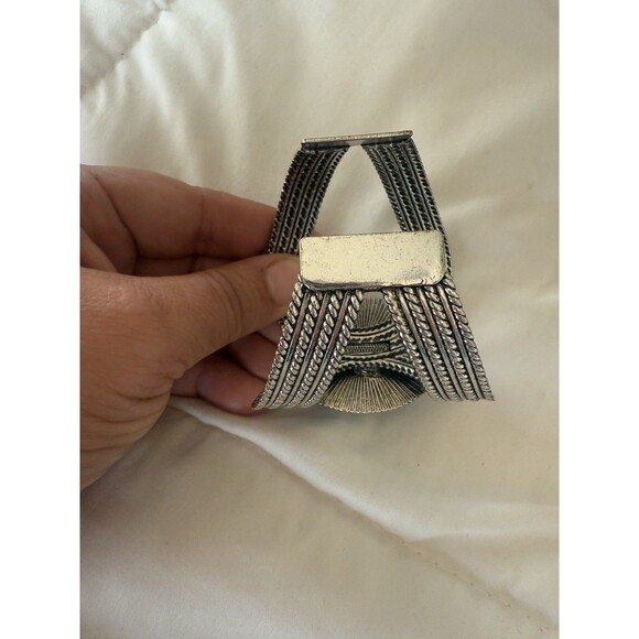 Turquoise Colored Dyed Stone WIDE Statement CUFF Bracelet Silver Tone Art Deco - Picture 7 of 7